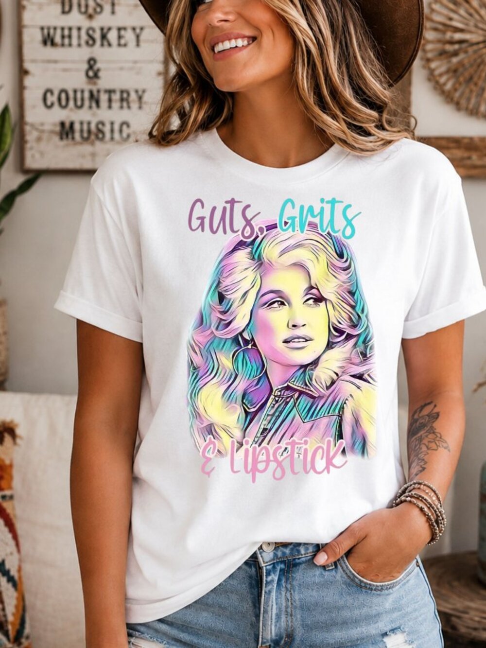 Dolly Parton Guts Grits Lipstick Graphic Tee Country Western T-Shirt White